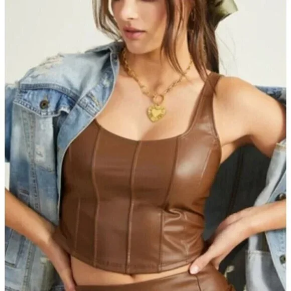 Altard State Top Womens Large Brown Vegan Leather Corset Crop Boho Festival - Picture 1 of 8